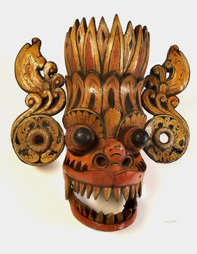 Sri Lankan mask, demon's face, ear-pieces and flame headdress