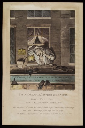 A surgeon-apothecary shouts back from an open window at a request for a night-visit to a patient, sending pot plants and a cat flying. Coloured aquatint by H. Pyall after M Egerton (Ego), 1827.
