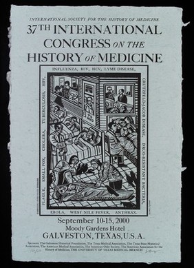 Newly emerging infectious diseases: patients in hospital. Relief print by Eric Avery, 2000.