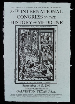 view Newly emerging infectious diseases: patients in hospital. Relief print by Eric Avery, 2000.