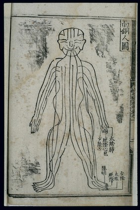 Bronze Man acupuncture figurine, front view, Chinese woodcut