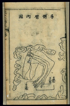 Chart of the three hand yin channels, Chinese woodcut