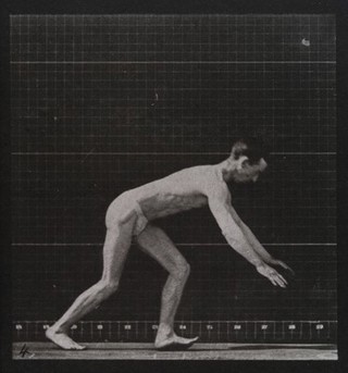 A man performing a forward flip. Collotype after Eadweard Muybridge, 1887.