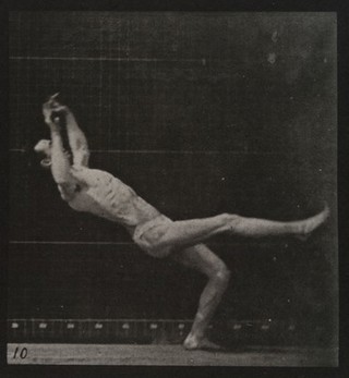 A man performing a forward flip. Collotype after Eadweard Muybridge, 1887.