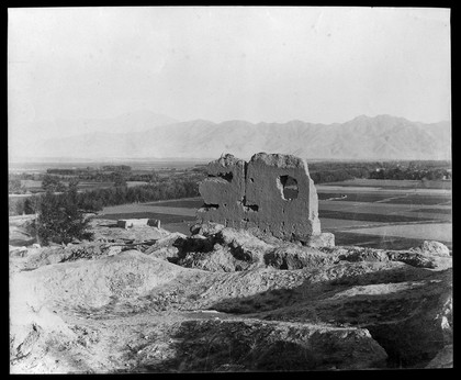 View from the lower Bala Hissar to the north. The ruins shown are possibly the palace of Prince Mhd Ya'qub, son of Amir Sher Ali.