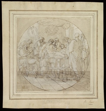 Alexander the Great demonstrates his trust in his physician Philip by drinking a medicinal draught prepared by him even after receiving a letter alleging that Philip is trying to poison him. Drawing by or after E. Le Sueur, 16--.