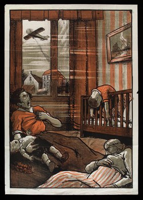 A family (two adults and two children) lying dead in a room in their house as a result of poison gas emitted from an aeroplane flying overhead. Colour lithograph, 192-.