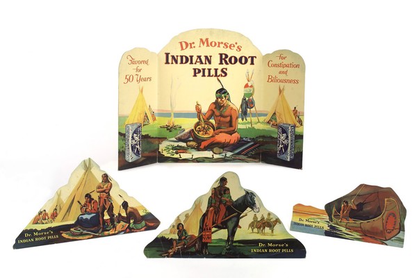 A native American grinding root vegetables to make the remedy marketed as Dr Morse's Indian Root Pills, and other native American activities. Colour lithographs, ca. 1900.