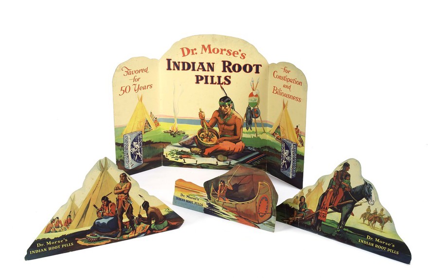 A native American grinding root vegetables to make the remedy marketed as Dr Morse's Indian Root Pills, and other native American activities. Colour lithographs, ca. 1900.