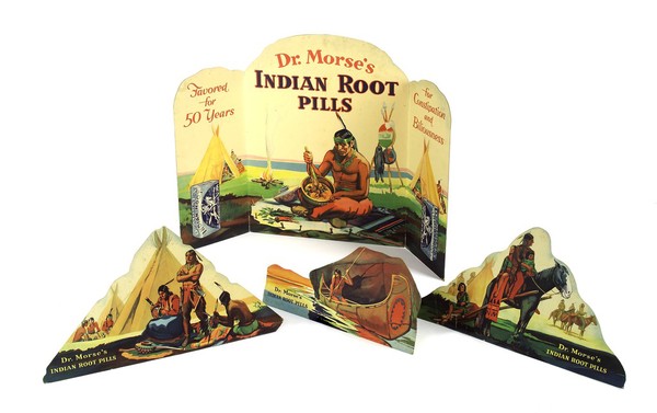 A native American grinding root vegetables to make the remedy marketed as Dr Morse's Indian Root Pills, and other native American activities. Colour lithographs, ca. 1900.