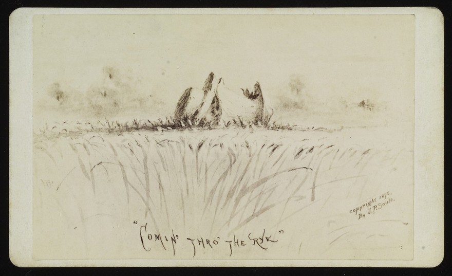 A girl walking through a field of rye up to her neck. Photograph by J.P. Soule, 1875, after a drawing.