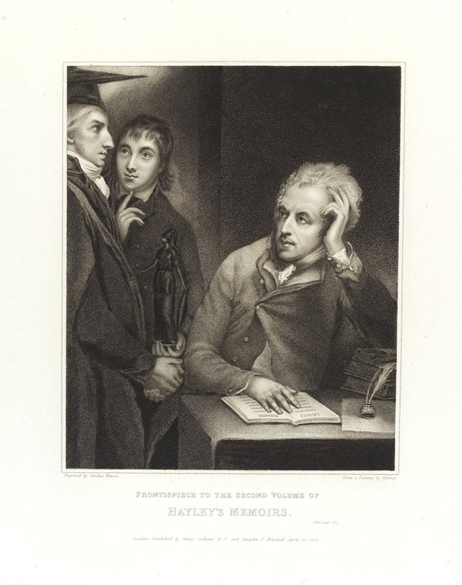 William Hayley, writer, seated. A tutor and pupil stand.