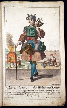 [50 coloured plates / engraved by Martin Engelbrecht, from 18th-cent. German works. These are caricatures of different types of tradesmen and their wives, with the costume, tools, and apparatus of their craft. Among them are an apothecary, a spicer, and a spectacle-maker. The plates are similar to those in Larmessin's 'Album des métiers'. The artists include J.J. Stelzer, P.A. Dagmier, and P.F. Engelbrecht. All the plates except the first two have legends in French and German and appear to be from the same work].