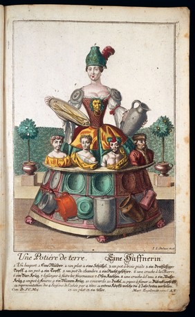 [50 coloured plates / engraved by Martin Engelbrecht, from 18th-cent. German works. These are caricatures of different types of tradesmen and their wives, with the costume, tools, and apparatus of their craft. Among them are an apothecary, a spicer, and a spectacle-maker. The plates are similar to those in Larmessin's 'Album des métiers'. The artists include J.J. Stelzer, P.A. Dagmier, and P.F. Engelbrecht. All the plates except the first two have legends in French and German and appear to be from the same work].