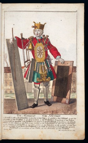 [50 coloured plates / engraved by Martin Engelbrecht, from 18th-cent. German works. These are caricatures of different types of tradesmen and their wives, with the costume, tools, and apparatus of their craft. Among them are an apothecary, a spicer, and a spectacle-maker. The plates are similar to those in Larmessin's 'Album des métiers'. The artists include J.J. Stelzer, P.A. Dagmier, and P.F. Engelbrecht. All the plates except the first two have legends in French and German and appear to be from the same work].