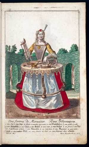 view Une femme de Menusier, the female carpenter with tools costume and apparatus