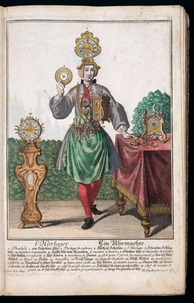 l'Horloger, the Clock and watch maker with tools costume and apparatus