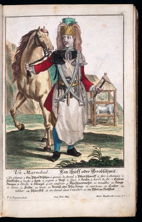 [50 coloured plates / engraved by Martin Engelbrecht, from 18th-cent. German works. These are caricatures of different types of tradesmen and their wives, with the costume, tools, and apparatus of their craft. Among them are an apothecary, a spicer, and a spectacle-maker. The plates are similar to those in Larmessin's 'Album des métiers'. The artists include J.J. Stelzer, P.A. Dagmier, and P.F. Engelbrecht. All the plates except the first two have legends in French and German and appear to be from the same work].