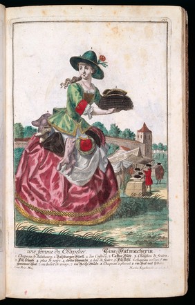 [50 coloured plates / engraved by Martin Engelbrecht, from 18th-cent. German works. These are caricatures of different types of tradesmen and their wives, with the costume, tools, and apparatus of their craft. Among them are an apothecary, a spicer, and a spectacle-maker. The plates are similar to those in Larmessin's 'Album des métiers'. The artists include J.J. Stelzer, P.A. Dagmier, and P.F. Engelbrecht. All the plates except the first two have legends in French and German and appear to be from the same work].