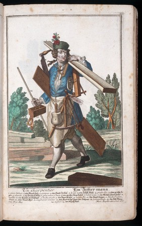 [50 coloured plates / engraved by Martin Engelbrecht, from 18th-cent. German works. These are caricatures of different types of tradesmen and their wives, with the costume, tools, and apparatus of their craft. Among them are an apothecary, a spicer, and a spectacle-maker. The plates are similar to those in Larmessin's 'Album des métiers'. The artists include J.J. Stelzer, P.A. Dagmier, and P.F. Engelbrecht. All the plates except the first two have legends in French and German and appear to be from the same work].