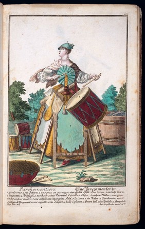 [50 coloured plates / engraved by Martin Engelbrecht, from 18th-cent. German works. These are caricatures of different types of tradesmen and their wives, with the costume, tools, and apparatus of their craft. Among them are an apothecary, a spicer, and a spectacle-maker. The plates are similar to those in Larmessin's 'Album des métiers'. The artists include J.J. Stelzer, P.A. Dagmier, and P.F. Engelbrecht. All the plates except the first two have legends in French and German and appear to be from the same work].