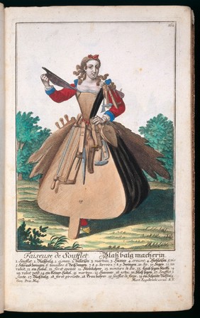 [50 coloured plates / engraved by Martin Engelbrecht, from 18th-cent. German works. These are caricatures of different types of tradesmen and their wives, with the costume, tools, and apparatus of their craft. Among them are an apothecary, a spicer, and a spectacle-maker. The plates are similar to those in Larmessin's 'Album des métiers'. The artists include J.J. Stelzer, P.A. Dagmier, and P.F. Engelbrecht. All the plates except the first two have legends in French and German and appear to be from the same work].