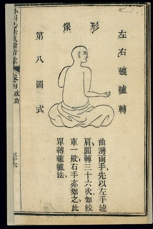 view Chinese woodcut: Twelve Brocades of Cultivation: 8th posture