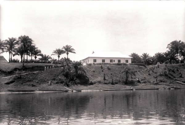 The leper camp laboratory from the river, Belgian Congo