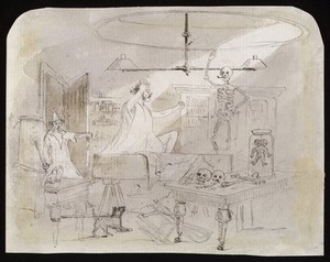 view The dissecting room of an anatomist, with a man thought to be dead waking up and sitting up in his coffin. Drawing, 183- (?).