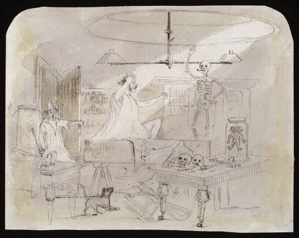 The dissecting room of an anatomist, with a man thought to be dead waking up and sitting up in his coffin. Drawing, 183- (?).