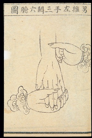 view C20 Chinese medical illustration in trad. style: Hand massage