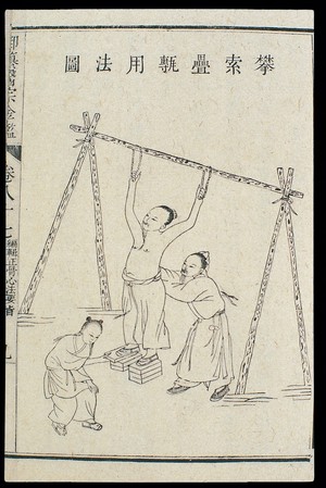 view Chinese C18 woodcut: 'Traction rope and piled bricks'