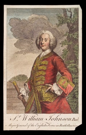 view Sir William Johnson. Coloured engraving, 17--.