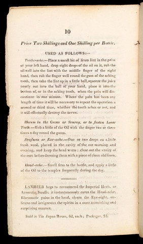 Price and instructions for the use of Lambiers cure for Toothe-ache, Rheum in the gums or scurvy, deafness and head-ache's