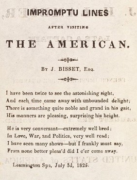 Short verse by J. Bisset Esq concerning James Henry Lambier