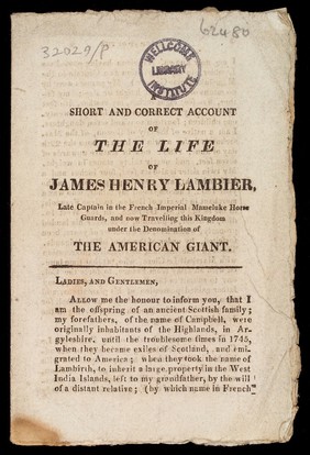 Front page of the pamphlet by Lambier describing his life
