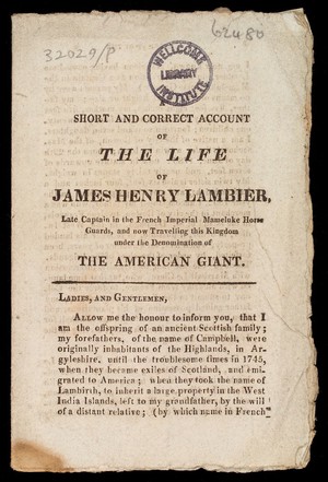 view Front page of the pamphlet by Lambier describing his life