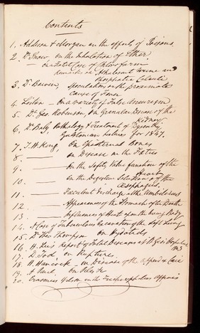 Hand written contents page from a Medical Tracts volume