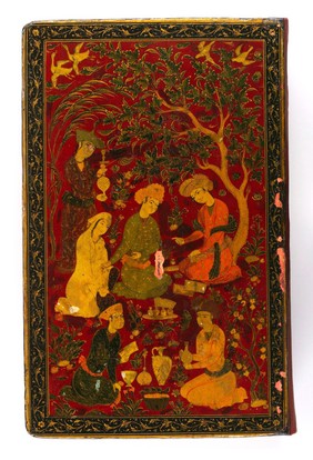 Physician talking to a female patient in a garden with servants preparing medicaments and potions. Persian lacquered binding board cover of the Canon transcribed in Isfahan 1632.