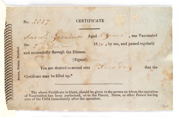 Inoculation certificate from Smallpox