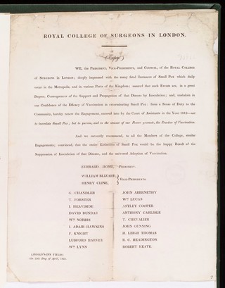 Royal College of Surgeons certificate - Smallpox