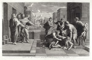 view The death of Sapphira. Engraving by J. Pesne, ca. 1703, after N. Poussin.