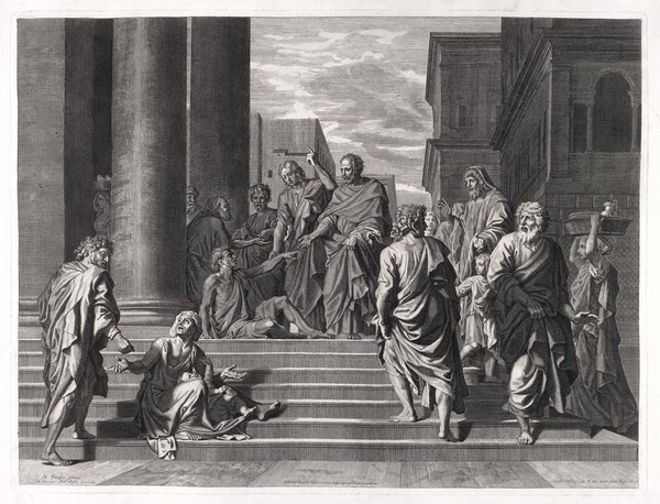 Saint Peter and Saint John healing the lame man at the entrance to the Temple in Jerusalem. Engraving by Claudia Bouzonnet-Stella, 1679, after N. Poussin.