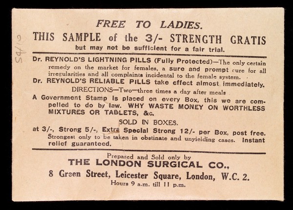 Dr Reynold's Lightening Pills packet. Pills 'free to ladies', for a 'sure and promt cure for all irregularities and all complaints incidental to the female system.'