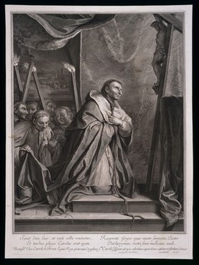 Saint Carlo Borromeo, with a rope around his neck, weeps blood while praying for the departure of plague from Milan in 1576. Engraving by G. Edelinck after Charles Le Brun.