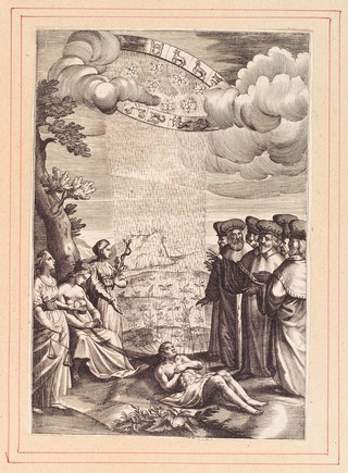 The planets and signs of the zodiac send down their influence on to the body of a man on earth; women representing nature (?) and medicine stand on the left, while scholars watch and dispute on the right. Engraving, 16--.