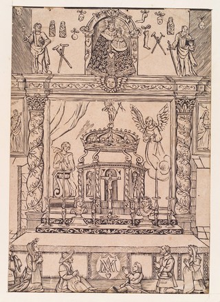 An altar, surmounted by a statue of the Virgin surrounded by votive offerings; in the foreground, sick or troubled people praying. Woodcut, 16--.
