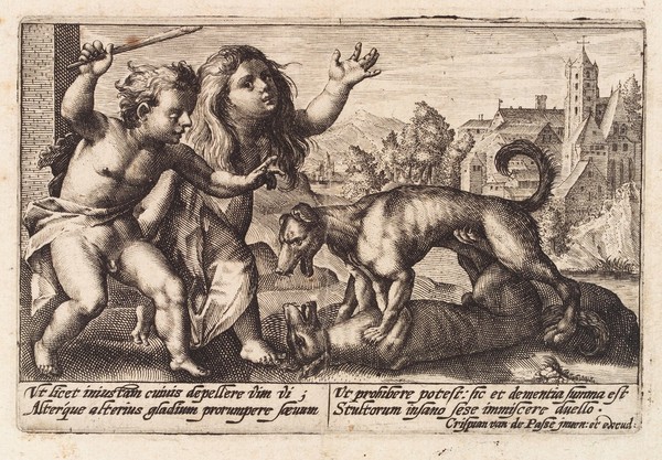 A boy and a girl facing two fighting dogs. Engraving by C. de Passe, 159-.