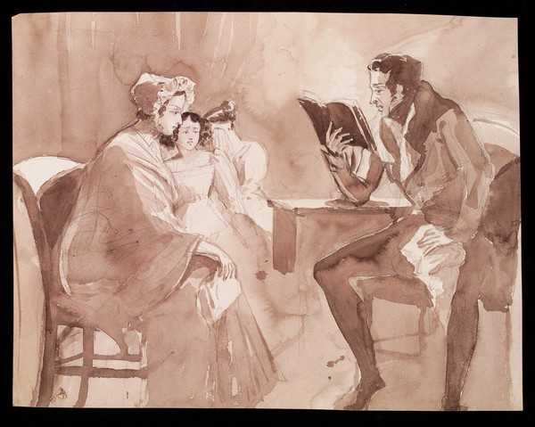 A man reading a novel with an affecting plot to his wife and daughters. Drawing, ca. 1810 (?).