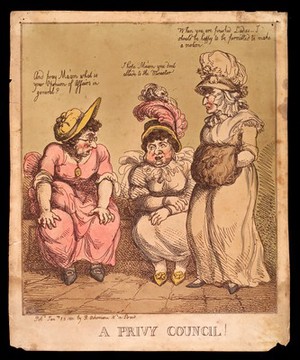 view Three women having a discussion in a latrine. Coloured etching, 1801.